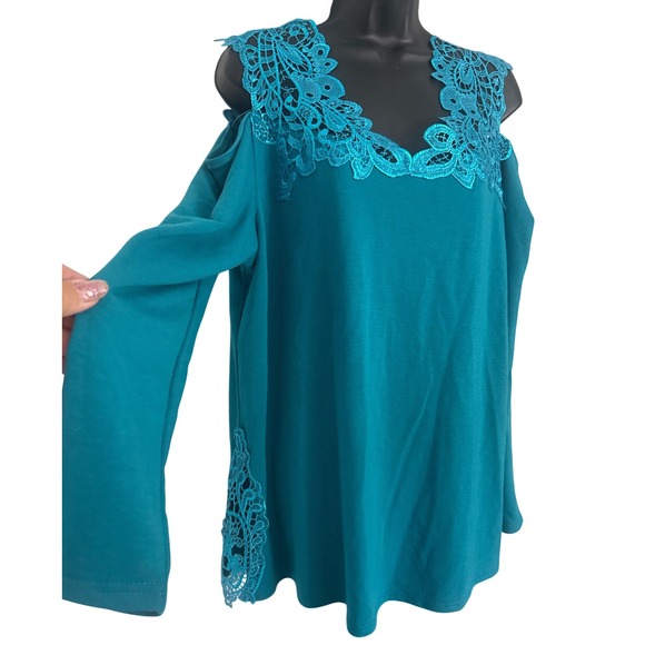 Jou Jou Womens Top 1X Turquoise Cold Shoulder Lace Trim Long Sleeve Blouse QVC - Picture 1 of 7